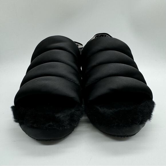 UGG Puff Yeah Slingback Wedge Slide Sandal Lounge Slipper Fuzzy Satin Black Sz 7 - Picture 6 of 12